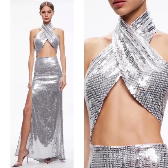 Alice + Olivia May Halterneck Silver Sequin Embellished Cutout Maxi Dress Size 8 - Picture 2 of 9